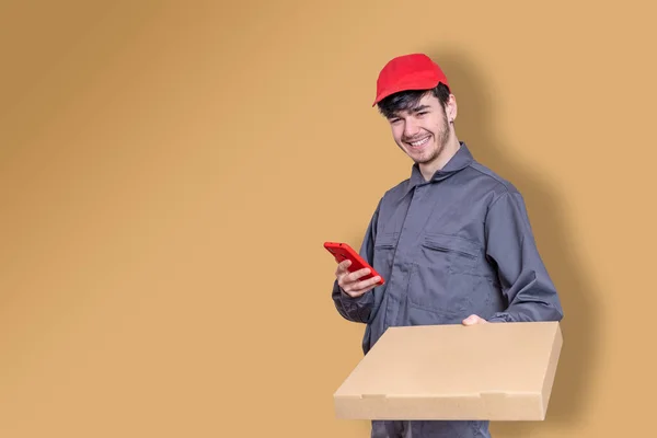 Fast Food Delivery Man Pizza Boxes His Hands Delivering Order — Stock fotografie