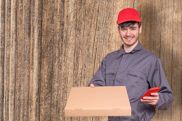 Fast Food Delivery Man Pizza Boxes His Hands Delivering Order — Stock fotografie