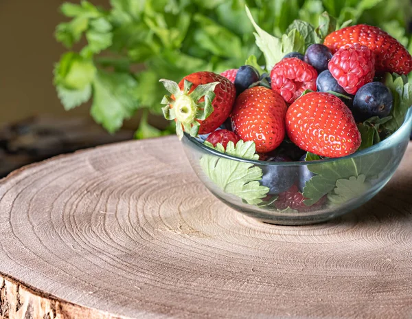 Strawberries Raspberries Blueberries Served Glass Bowl Rustic Background Organic Food — Stock Photo, Image