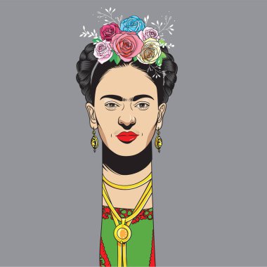 Frida Kahlo cartoon style portrait, She was a Mexican painter known for her many portraits, self-portraits, and works inspired by the nature and artifacts of Mexico clipart