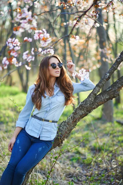 Meisje met bril in de bomen — Stockfoto