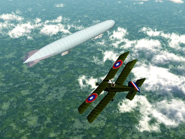German Airship and Biplane of the Allied — Stock Photo, Image