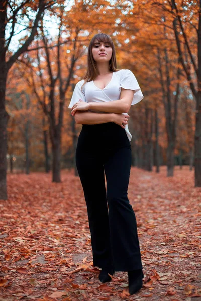 Elegante Joven Mujer Caucásica Con Pelo Oscuro Blusa Blanca Callejón —  Fotos de Stock
