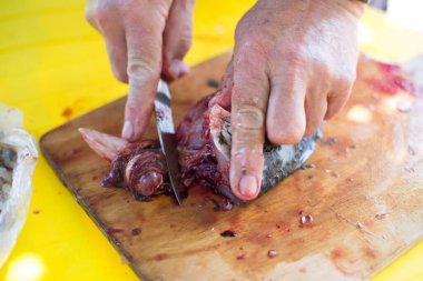 Adamın elleri teraziyi temizliyor ve bıçakla taze bir balığı kesiyor.