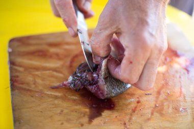 Adamın elleri teraziyi temizliyor ve bıçakla taze bir balığı kesiyor.