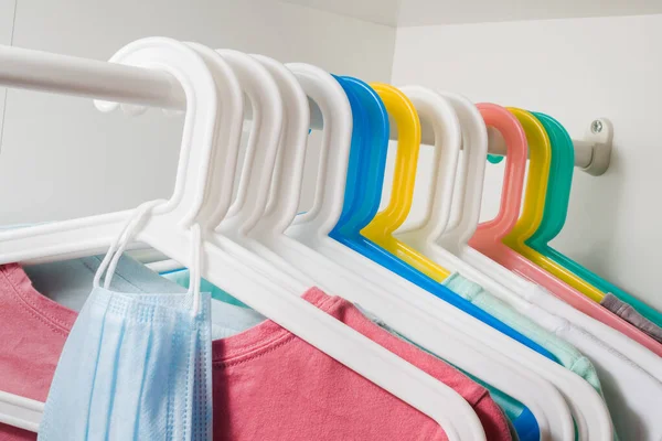Lot Colorful Hangers Rod White Background Wardrobe Store Concept Sale — Stock Photo, Image