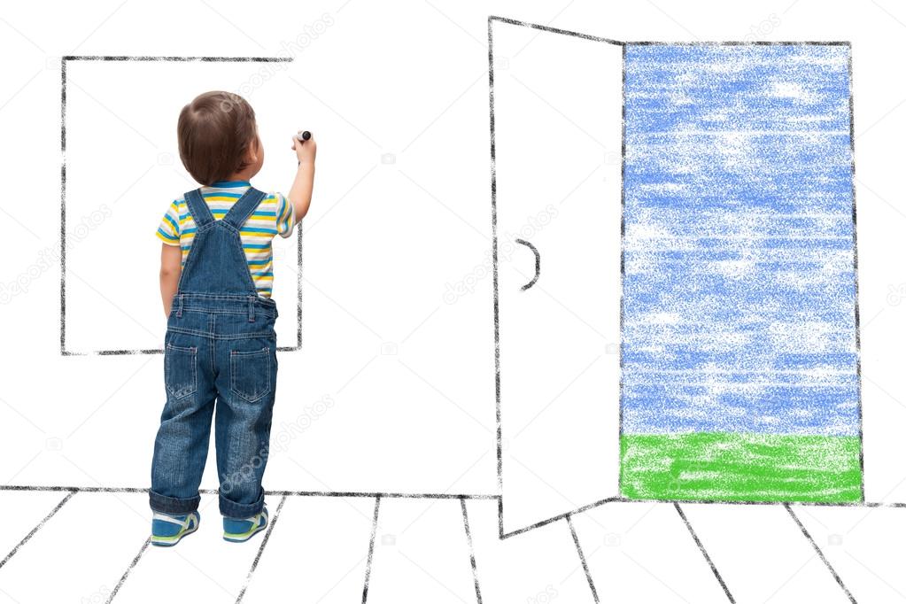 child draws an imaginary window in the house