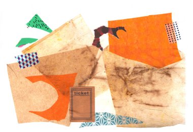 grunge, peçete kağıdı, retro kağıt ve farklı doku elementlerinden sanatsal arkaplan kolajı 