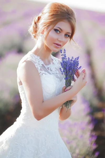 Hermosa novia en el día de la boda en el campo de lavanda —  Fotos de Stock