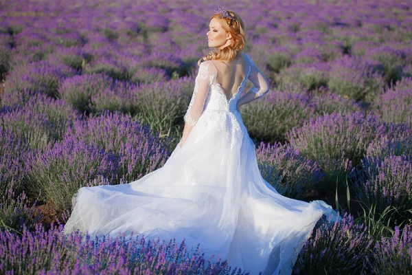 Krásná nevěsta ve svatební den v poli levandule — Stock fotografie
