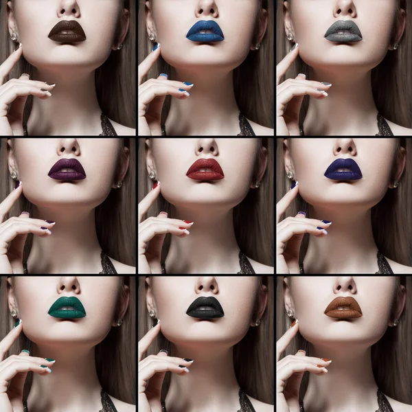 Collage aus Nahaufnahmen von Frauenlippen mit buntem Lippenstift — Stockfoto