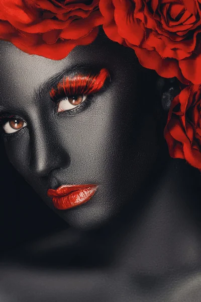 creative and fashion portrait of a dark-skinned girl with color make-up