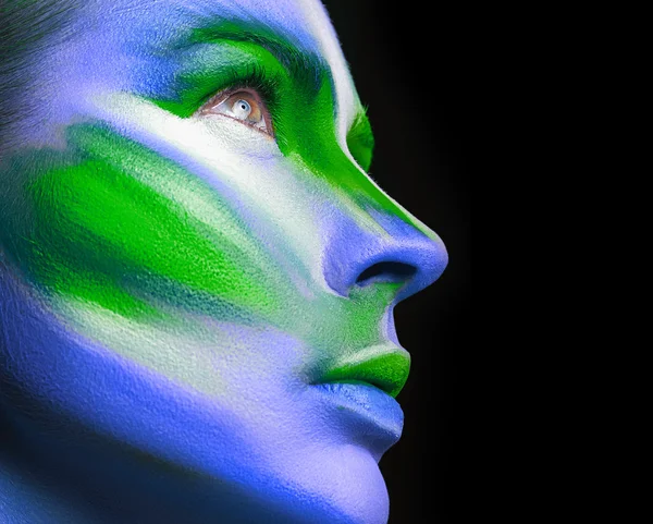 Beautiful fashion woman with bright color face art and body art. Paint on face. Creative portrait — Stock Photo, Image