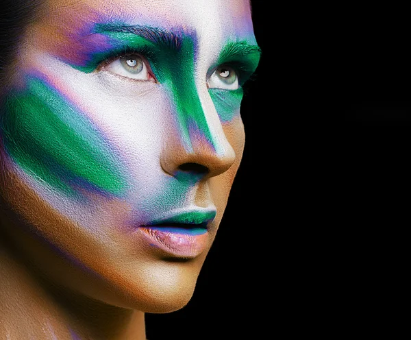 Beautiful fashion woman with bright color face art and body art. Paint on face. Creative portrait — Stock Photo, Image