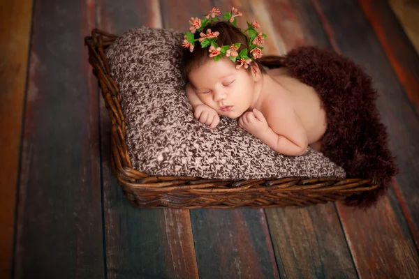 Bella neonata dorme bambina in un cesto di vimini su uno sfondo di legno — Foto Stock