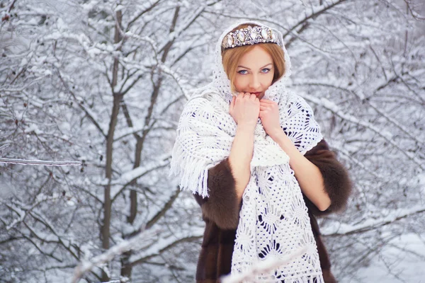 Mode kvinna i vinter skog — Stockfoto