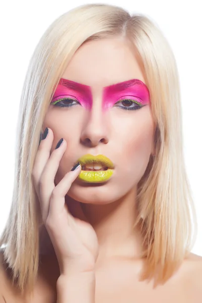 Fashion blonde supermodel in pink dress, closeup studio shot — Stock Photo, Image
