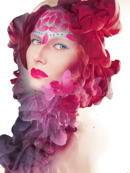 Creative shoot. Beautiful fashion woman With Conceptual Creative Makeup With Dispersion Effect — Stock Photo, Image