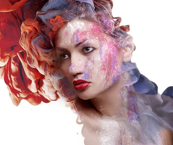 Creative shoot. Beautiful fashion woman With Conceptual Creative Makeup With Dispersion Effect — Stock Photo, Image