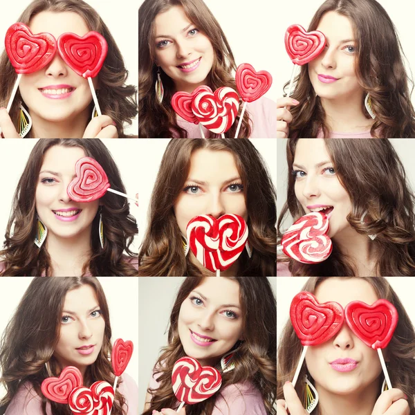 Valentines day. Beauty collage. Faces of fashion lady with lollipop portrait — Stock Photo, Image