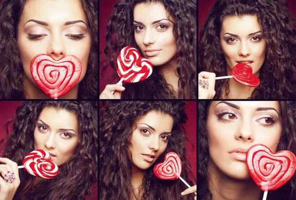 Valentines day. Beauty collage. Faces of fashion lady with lollipop portrait — Stock Photo, Image