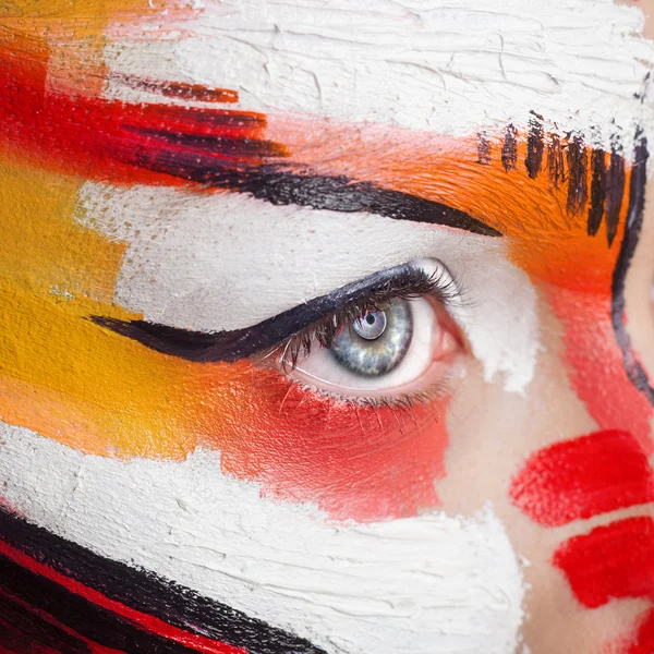 Beautiful fashion woman with bright color face art and body art. Paint on face.  Creative portrait — Stock Photo, Image