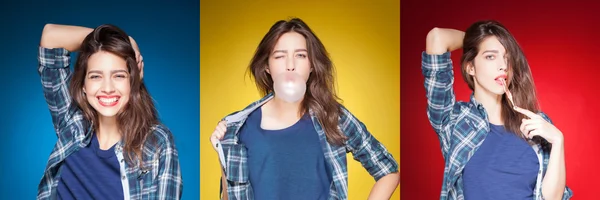 Beauty collage, młoda piękna dziewczyna pozowanie grymas z gumy do żucia — Zdjęcie stockowe