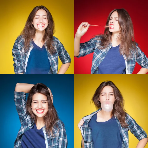 Beauty collage, young beautiful girl posing grimacing with chewing gum — Stock Photo, Image