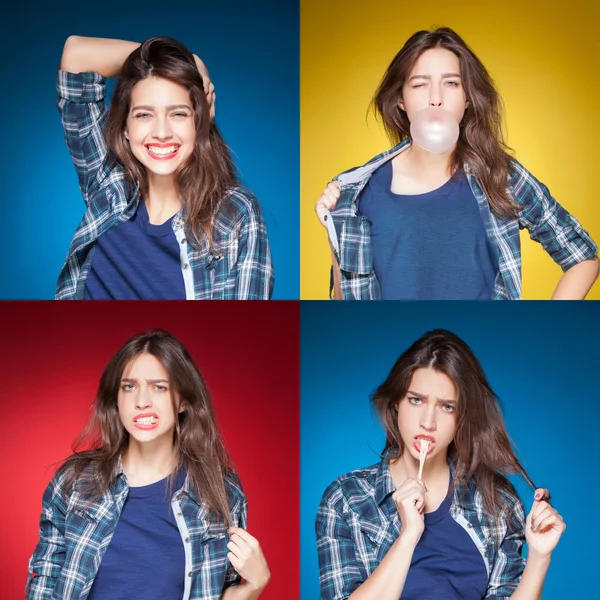 Beauty collage, young beautiful girl posing grimacing with chewing gum — Stock Photo, Image