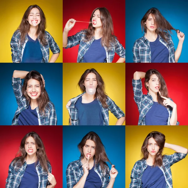 Beauty collage, young beautiful girl posing grimacing with chewing gum — Stock Photo, Image