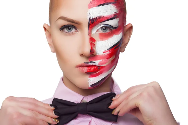 Beautiful fashion woman with bright color face art and body art. Paint on face. Creative portrait — Stock Photo, Image