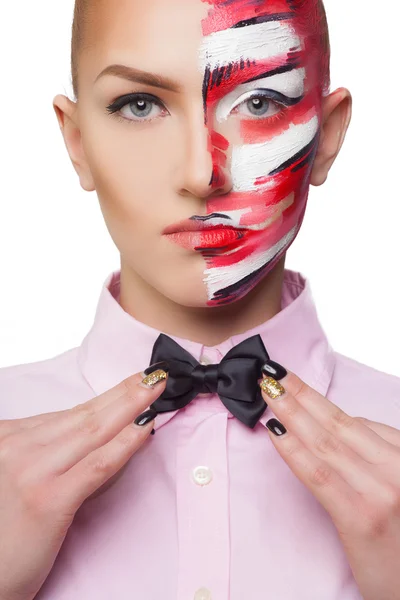 Beautiful fashion woman with bright color face art and body art. Paint on face. Creative portrait — Stock Photo, Image