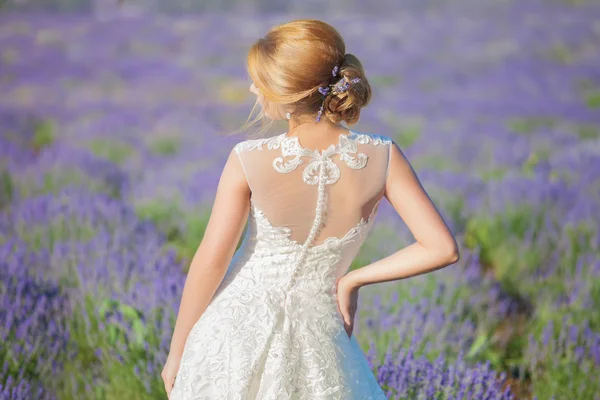 Bela noiva no dia do casamento no campo de lavanda — Fotografia de Stock