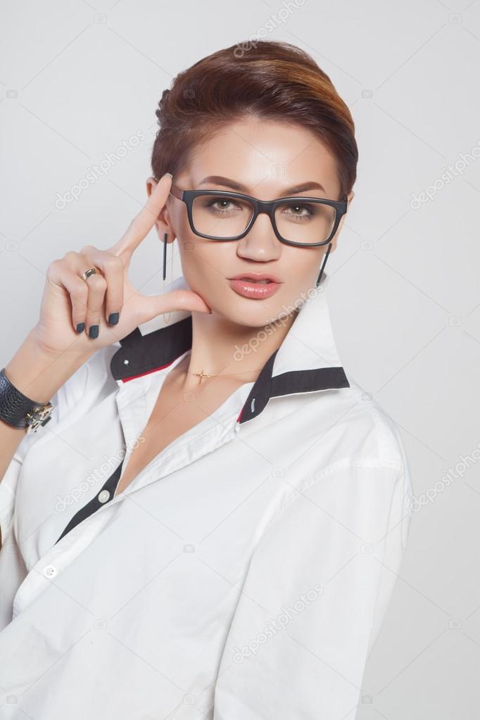 Cute Young Business Woman With Glasses And Short Hair