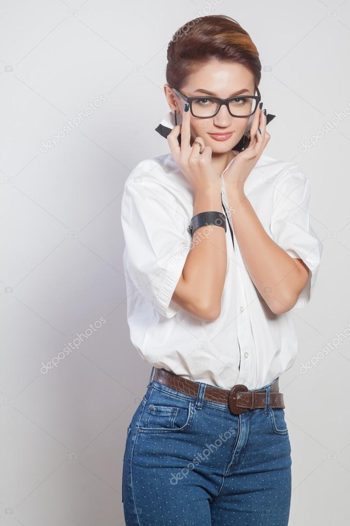 Cute Young Business Woman With Glasses And Short Hair