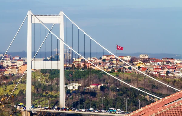 The Fatih Sultan Mehmet Bridge With Turkish Flag — Stock Photo, Image