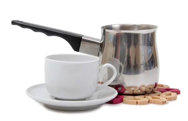 Filiżanka kawy i metalowych garnków — Zdjęcie stockowe