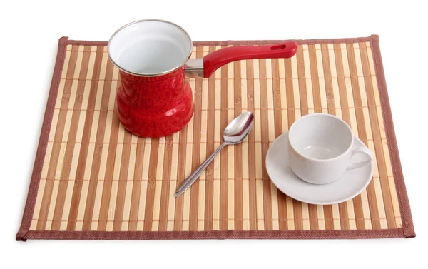 Koffiekopje en pan op tafel — Stockfoto