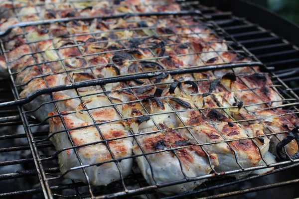 Čerstvé maso na kovový rošt — Stock fotografie