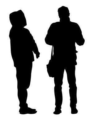 Sokakta yürüyen genç adam ve kadın. Beyaz arka planda izole edilmiş siluet