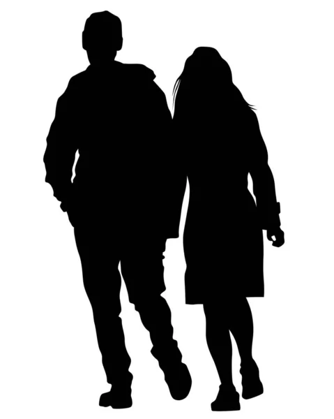 Jeune Homme Jeune Femme Marchant Dans Rue Silhouette Isolée Sur — Image vectorielle