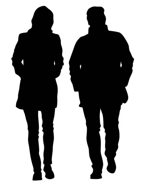 若い男と女が通りを歩いている 白い背景に孤立したシルエット — ストックベクタ
