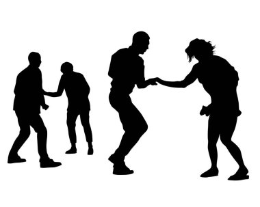 Gençler bir gece kulübünde dans ediyorlar. Beyaz arkaplanda izole edilmiş siluetler