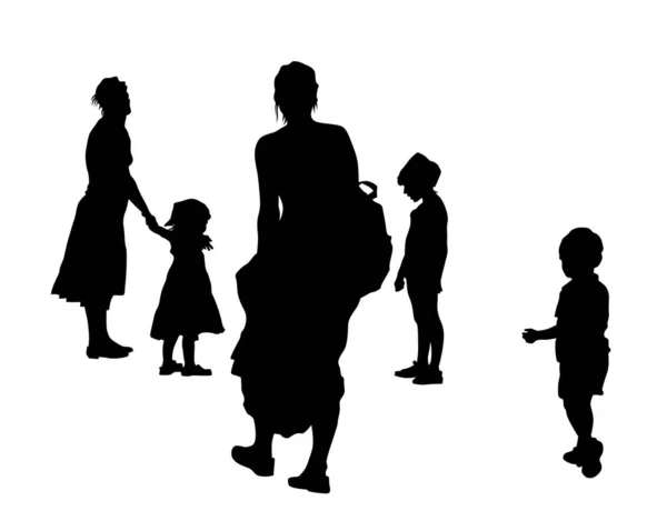 Families Little Child Walking Street Isolated Silhouettes People White Background — Stock Vector