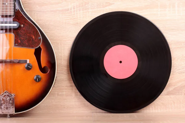 Vintage Vinyl Discs Country Mandolin Wooden Background — Stock Photo, Image