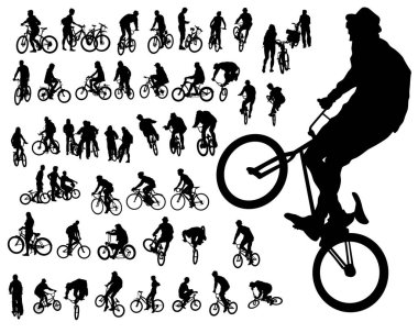 Ekstrem numaralar için bisiklete binen genç bir sporcu. Beyaz arka planda izole edilmiş siluet