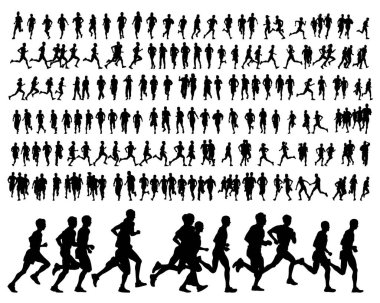 Genç sporcular bir maraton koşuyor. Beyaz arkaplanda izole edilmiş siluetler