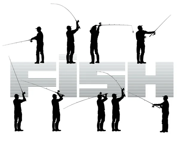 Pescador Con Caña Pescar Orilla Silueta Aislada Hombre Sobre Fondo — Vector de stock