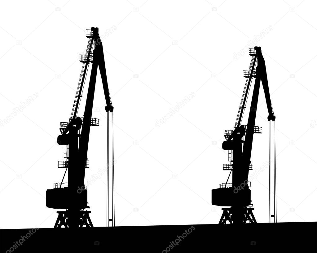Large cranes in the seaport. Isolated silhouettes on white background