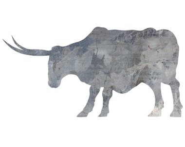 Büyük boynuzlu metal boğa. Beyaz arkaplanda izole edilmiş siluet
